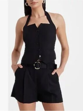 Express Black Stylist High Waisted Linen-Blend Belted Pleated Shorts